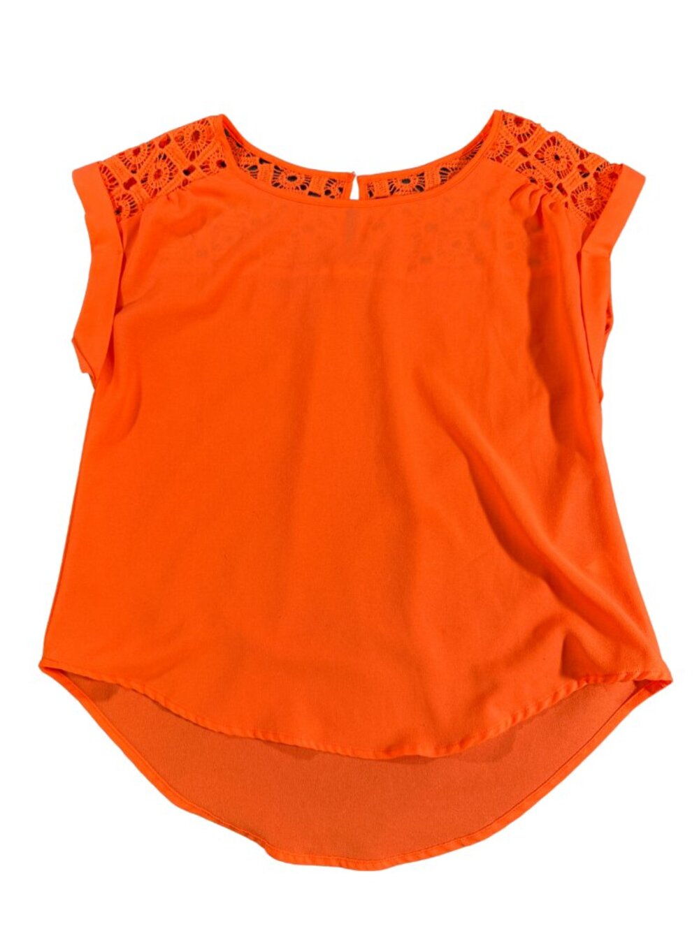 EM Women's S Neon Orange Crochet Lace Yoke Hi-Low Blouse Cap Sleeve